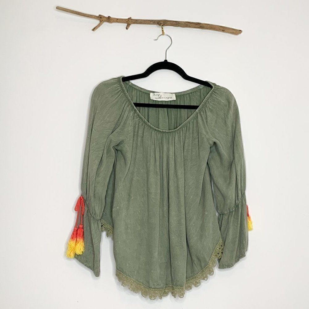 Vintage Havana Army Green Boho Blouse 🌿 Size Small
